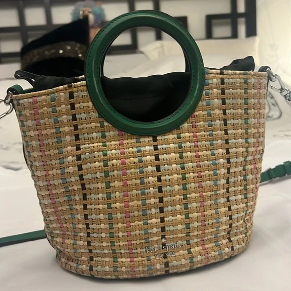 Kate Spade Jena Straw Small Tote green yellow Crossbody Drawstring Bucket Bag - Picture 6 of 12